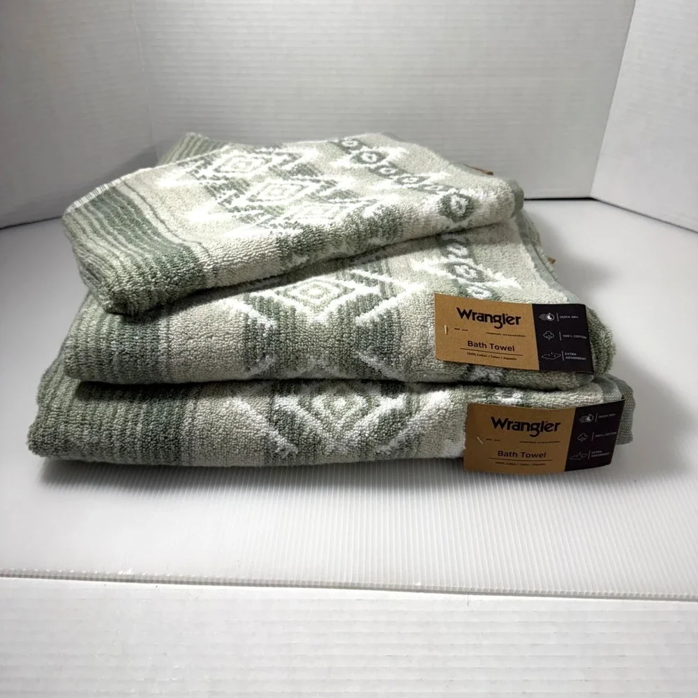 Wrangler 2 Bath Towels And Hand Towel Set, NWT Jericho Green Aztec Western